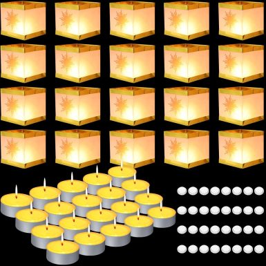 Cunno 72 Pcs Square Memorial Lanterns Set Paper Tangled Lanterns Sun Pattern Chinese Wishing Lights with Tea Candles and Adhesive Pads for Praying Pool Blessing Wedding